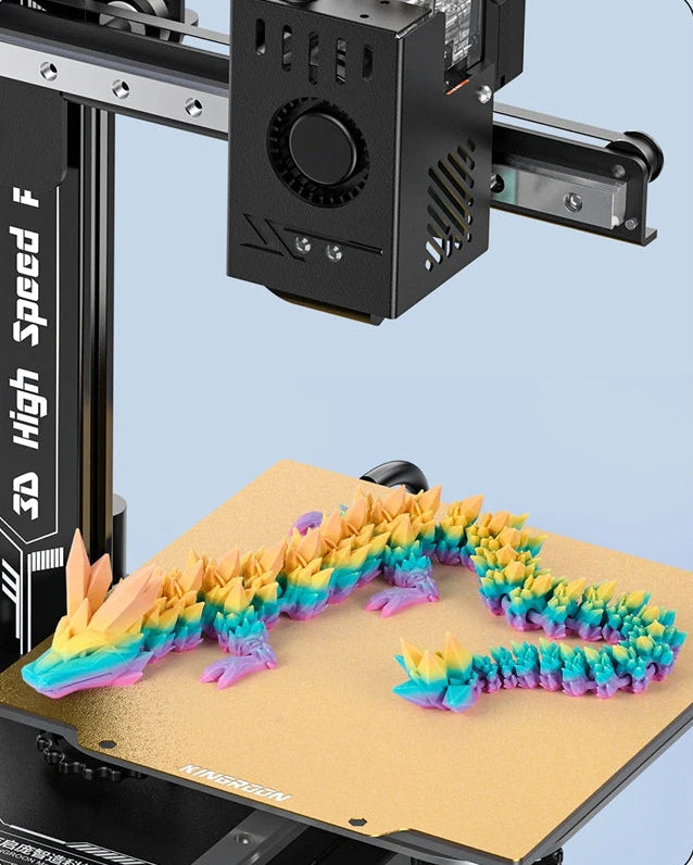 3D printer with colorful printed object on a blue gradient background