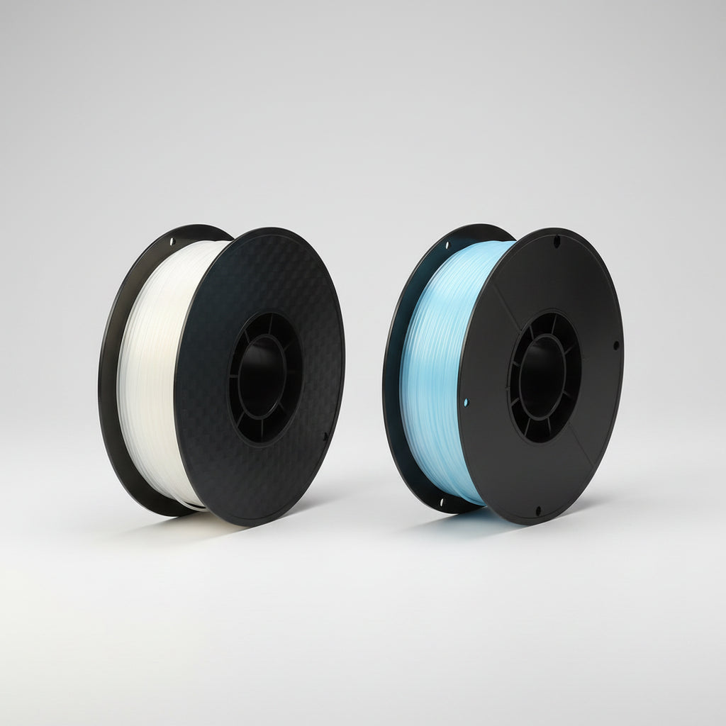 Two spools of filament, one white and one blue, with a sun icon and text indicating sunlight or UV light.